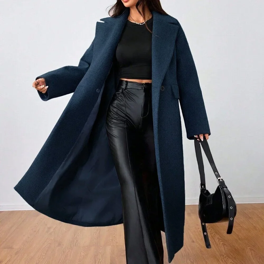 Navy Blue Casual Women's Lapel Long Coat